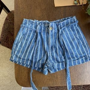 American Eagle Striped Paper Bag Shorts with Ribbon Belt